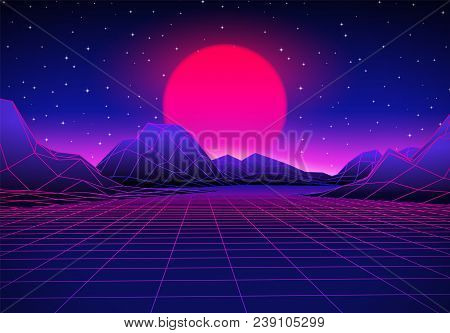 Retro 80s Styled Futuristic Landscape With Purple Neon Sun Or Moon In Digital Space And Shiny Grid F