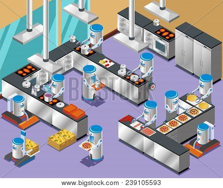 Isometric Robotic Restaurant Composition With Robots In The Restaurant Kitchen On Work Distribution 