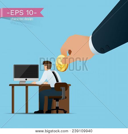 A Large Hand Holding A Gold Coin Is Paid To A Hard-working Worker Like A Automatic Vending Machine.