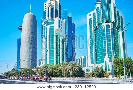 Doha, Qatar - February 13, 2018: The Cycle Race In Doha Is Held In Connection With The Day Of Sport,