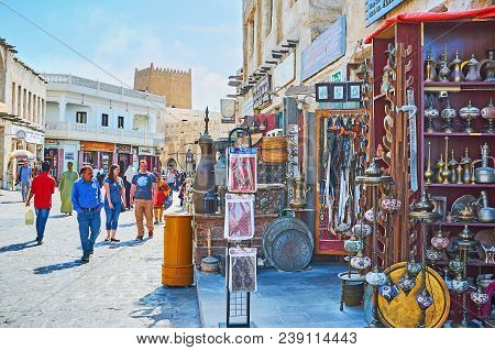 Doha, Qatar - February 13, 2018: The Showcases Of Antique Store In Souq Waqif With Wide Range Of Vin