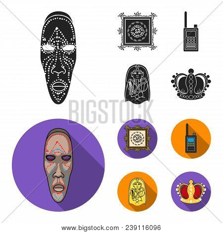 Picture, Sarcophagus Of The Pharaoh, Walkie-talkie, Crown. Museum Set Collection Icons In Black, Fla