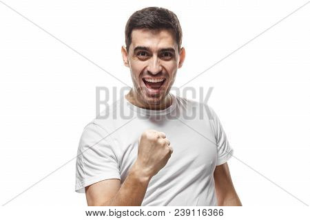 Indoor Picture Of Young Handsome Caucasian Guy Pictured Isolated On White Background Dressed In Whit