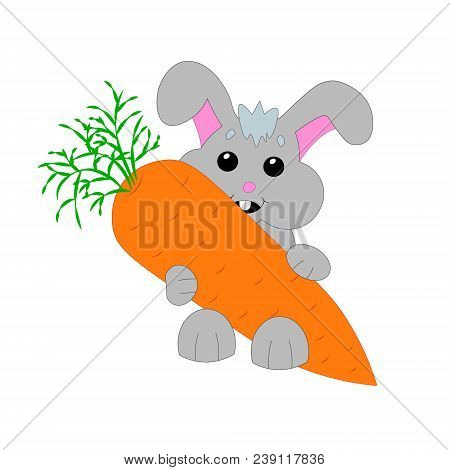 Cute Gray Bunny With An Orange Carrot