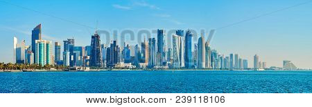 West Bay Panorama From Corniche Promenade - Multiple Skyscrapers Of Business Al Dafna District With 