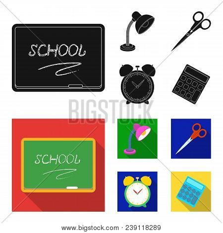 Table Lamp, Scissors, Alarm Clock, Calculator. School And Education Set Collection Icons In Black, F