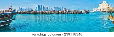 Doha, Qatar - February 13, 2018: Panorama Of The City With A View On Dhows In Port, Modern Skyscrape