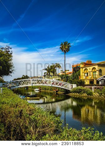 White Bridge And Beautiful Homes Along The Venice Canals, Venice, Los Angeles