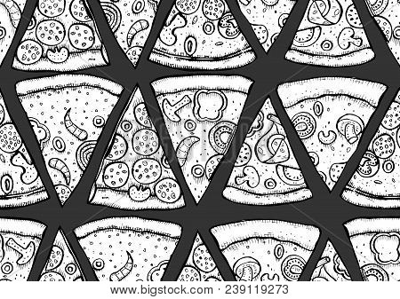 Monochrome Pizza Slice Seamless Pattern. Wallpaper Background. Vector Engraving Old Style Illustrati