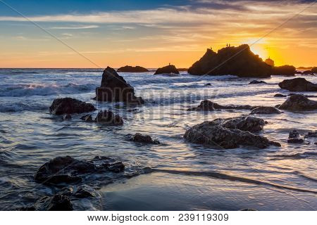 Beautiful Sunset Along The Rocky El Matador State Beach, Malibu, California