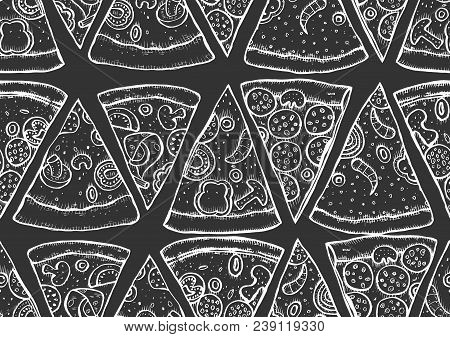 Monochrome Pizza Slice Seamless Pattern. Wallpaper Background. Vector Engraving Old Style Illustrati