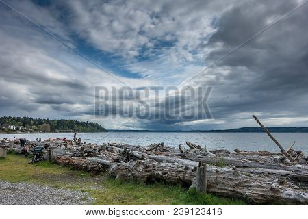 Dark Storm Clouds Hover Over A Green Meadow In Normany Park, Washington.