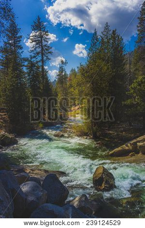Winding Marble Fork Kaweah River Flowing Through The Dense Forest Along The Tokopah Valley Trail, Se