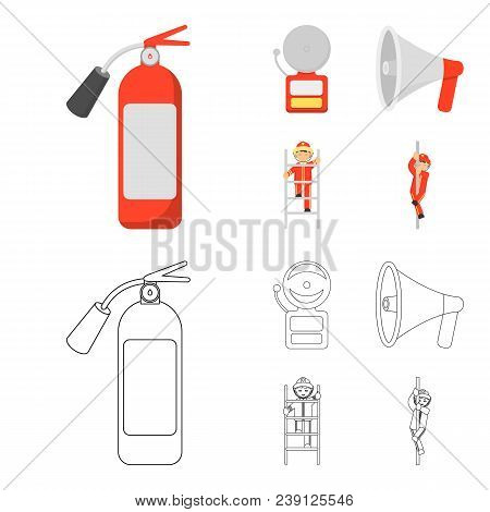 Fire Extinguisher, Alarm, Megaphone, Fireman On The Stairs. Fire Departmentset Set Collection Icons 