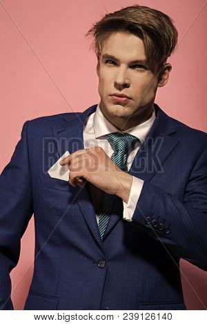 Manager Put Blank White Card Mockup In Jacket Pocket On Pink Background. Credit, Save, Saving, Infor