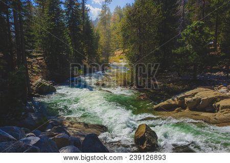 Winding Marble Fork Kaweah River Flowing Through The Dense Forest Along The Tokopah Valley Trail, Se