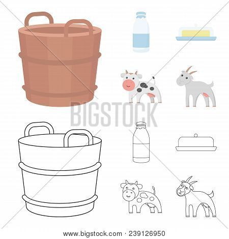 A Barrel Of Milk, Butter, A Cow. Milk Set Collection Icons In Cartoon, Outline Style Vector Symbol S