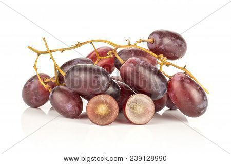 Red Globe Grape Cluster And One Berry Cut In Half Isolated On White Background Fresh Shiny Dark Pink