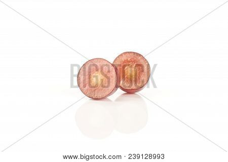 Red Globe Grape Sliced Berries Isolated On White Background Fresh Shiny Dark Pink Two Section Halves