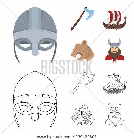 Viking Helmet, Battle Ax, Rook On Oars With Shields, Dragon, Treasure. Vikings Set Collection Icons 