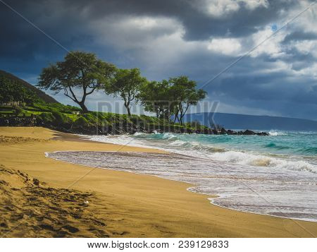 Calm Waves On An Empty Maluaka Beach On A Cloudy Day, Maui, Hawaii