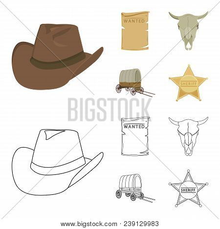 Cowboy Hat, Is Searched, Cart, Bull Skull. Wild West Set Collection Icons In Cartoon, Outline Style 