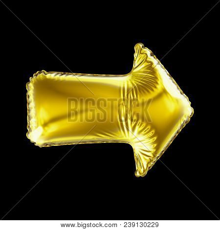 Golden arrow icon made of inflatable balloon isolated on black background. 3d rendering