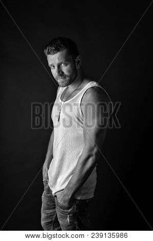 Fashion Model On Grey Background. Style And Look, Barber. Man With Unshaven Face In Studio. Fashion 