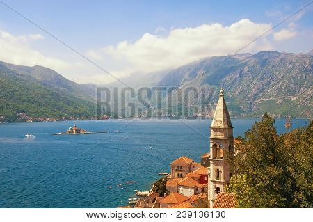 Beautiful Mediterranean Landscape. Montenegro, Bay Of Kotor. View Of Ancient Town Of Perast, Belltow