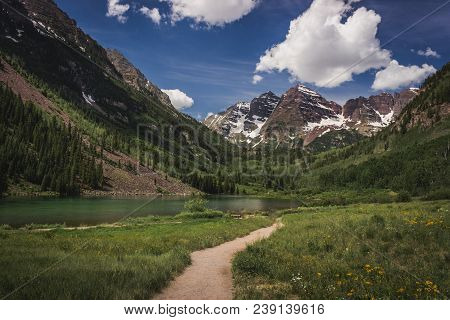 Stunning Maroon Bells Peaks And Trail Leading To Maroon Lake In Summer Near Aspen, Colorado