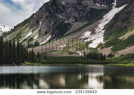 Beautiful Maroon Bells And Crater Lake In Snowmass Wilderness In Aspen, Colorado With A Blue Sky And