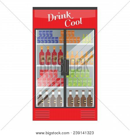Refrigerated Supermarket Display Case Full With Multiple Drinks And Beverages. Illustrated Vector Fo