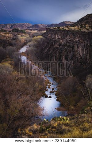 Winding Verde River And Giant 175-foot (53-meter) Gorge Named S.o.b. Canyon With Dramatic Sky, Near 