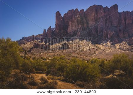 Scenic View Of Superstition Mountains In Lost Dutchman State Park, Arizona From Treasure Loop Trail