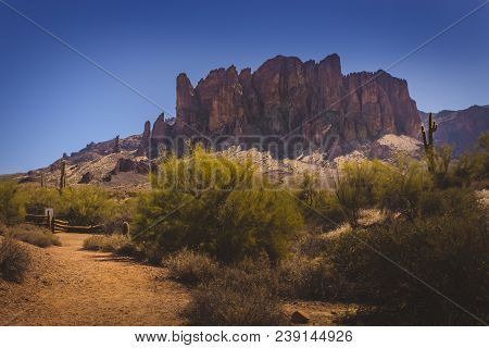 Scenic View Of Superstition Mountains In Lost Dutchman State Park, Arizona From Treasure Loop Trail