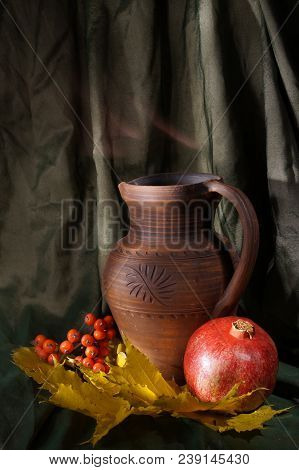 Still Life Pitcher Of Pomegranate Vitamin, Snack, Light, Drapery