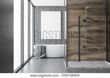 Concrete And Wooden Wall Bathroom Interior With A Concrete Floor, A Loft Window, A White Bathtub Wit