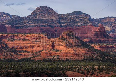 Colorful Mescal Mountain And Various Red Rock Formations With Secret Mountain In The Background, Sed