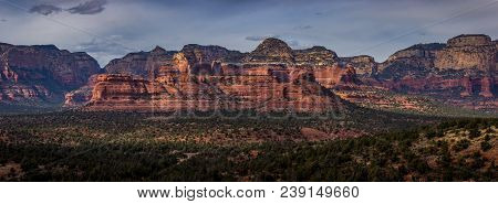 Colorful Panorama Of Mescal Mountain And Various Red Rock Formations With Secret Mountain In The Bac
