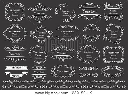 Calligraphic Design Elements . Decorative Swirls Or Scrolls, Vintage Frames , Flourishes, Labels And