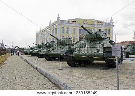 Verkhnyaya Pyshma, Russia - March 01, 2018: Model Series Of Modifications Of The Soviet T-34 Tank In