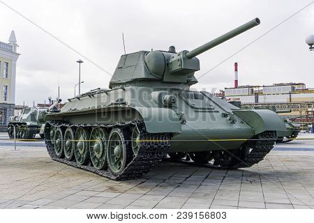Verkhnyaya Pyshma, Russia - March 01, 2018: Soviet Flame-thrower Tank Ot-34-76 (model 1942) In The M