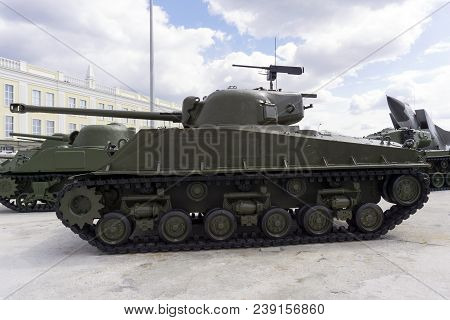 Verkhnyaya Pyshma, Russia - March 01, 2018: American  Medium Tank, M4a2(76)w Hvss Sherman In The Mus