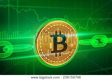 Crypto Currency. Block Chain. Bitcoin. 3d Isometric Physical Golden Bitcoin With Wireframe Chain. Bl