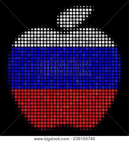 Halftone Apple Pictogram Colored In Russia Official Flag Colors On A Dark Background. Vector Composi