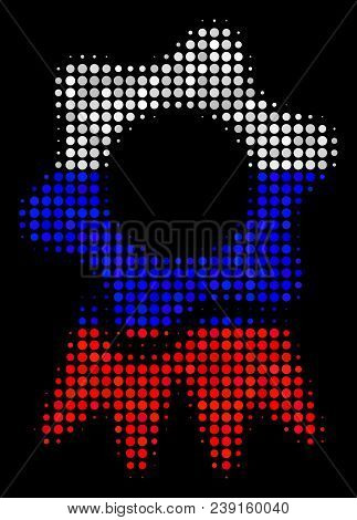 Halftone Award Icon Colored In Russia State Flag Colors On A Dark Background. Vector Composition Of 