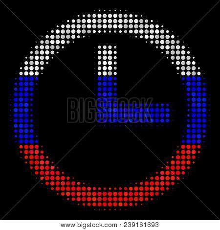 Halftone Clock Icon Colored In Russian State Flag Colors On A Dark Background. Vector Pattern Of Clo