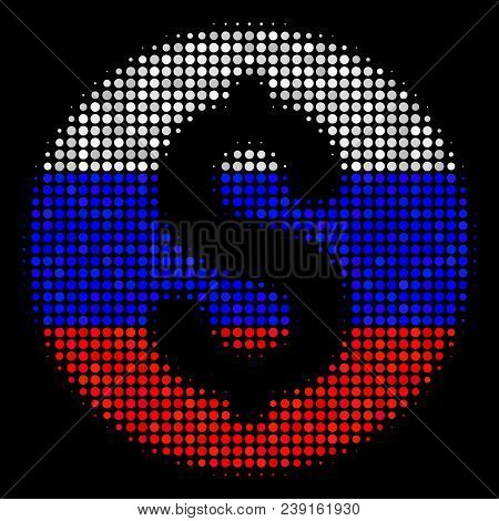 Halftone Coin Icon Colored In Russian Official Flag Colors On A Dark Background. Vector Concept Of C