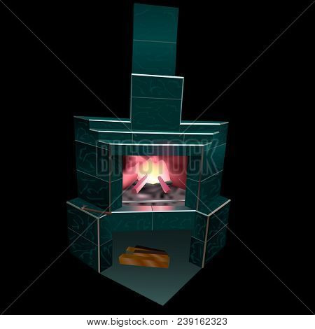 Fireplace Is Made Of Green Marble With Fire Inside And Wood. The Fireplace Is An Isolated Vector.