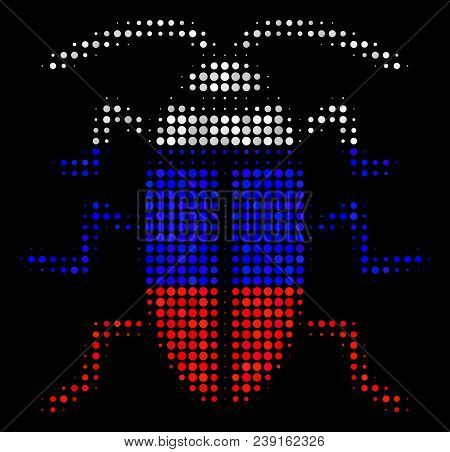 Halftone Cucaracha Pictogram Colored In Russian Official Flag Colors On A Dark Background. Vector Co